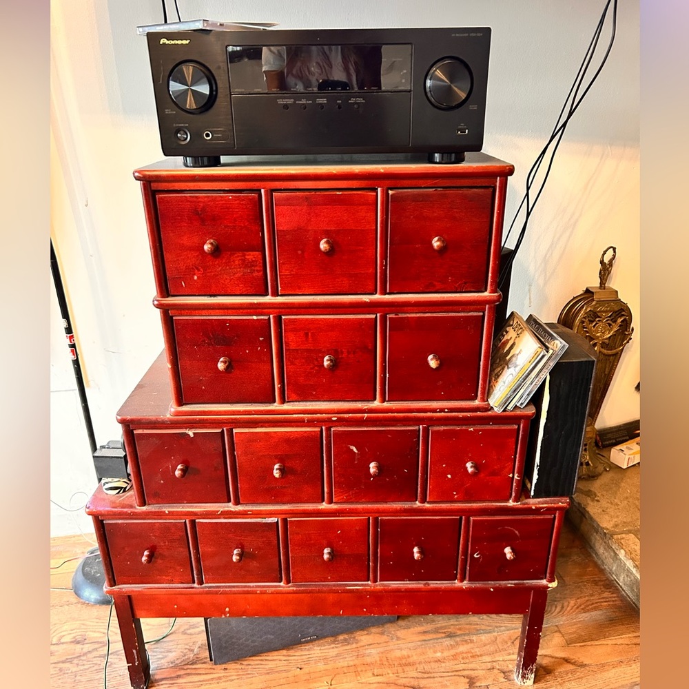 PIONEER Cherry wood Red Pyramid Storage Cabinet Gloss Finish loaded with cd’s